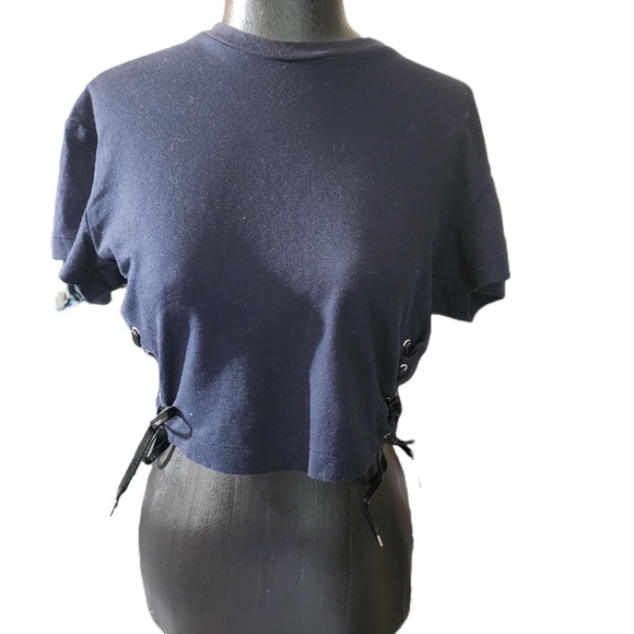 Toga Pulla Womens Blue Short Sleeve Side Lace Up Cropped Shirt Size 36 S - Picture 1 of 16